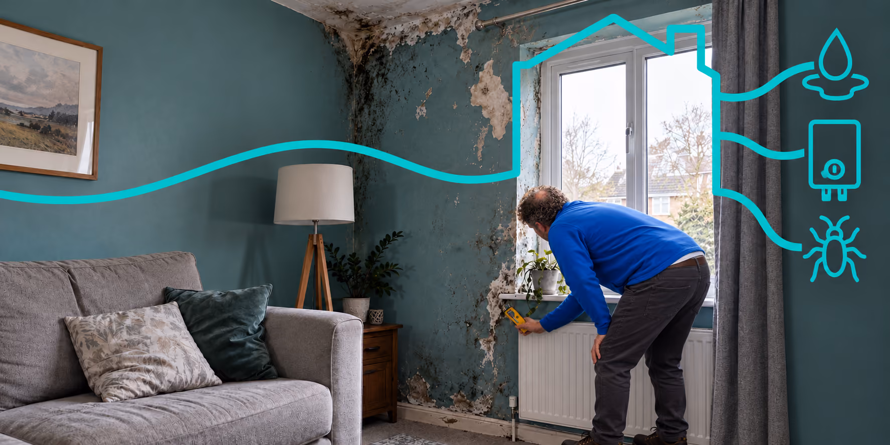 The hero image for the housing disrepair page which has an assessor taking damp readings during a housing disrepair assessment.