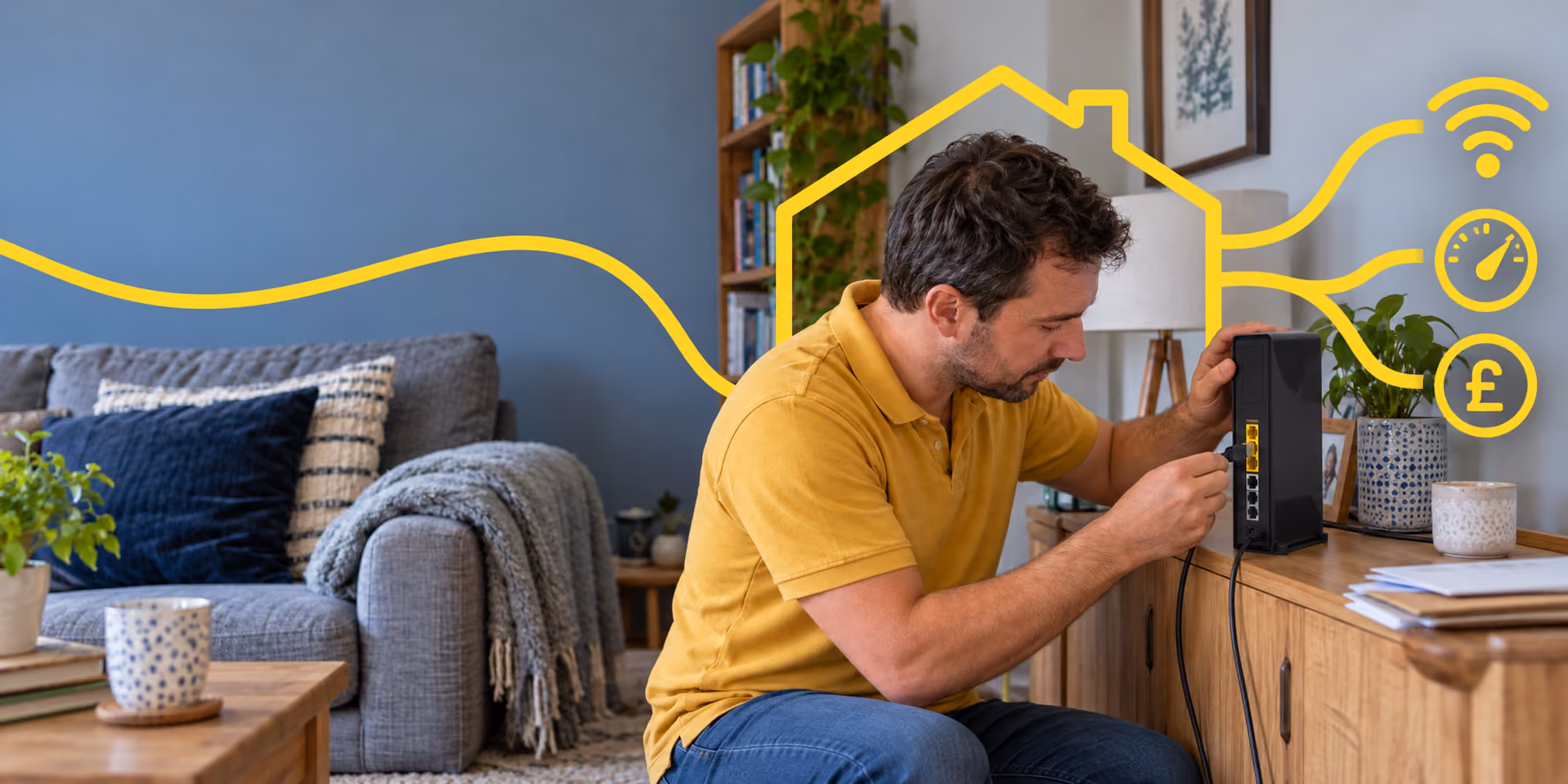 An image of a man plugging in his new router after switching broadband providers and getting a better deal through Tenant Help Service's broadband comparison service.