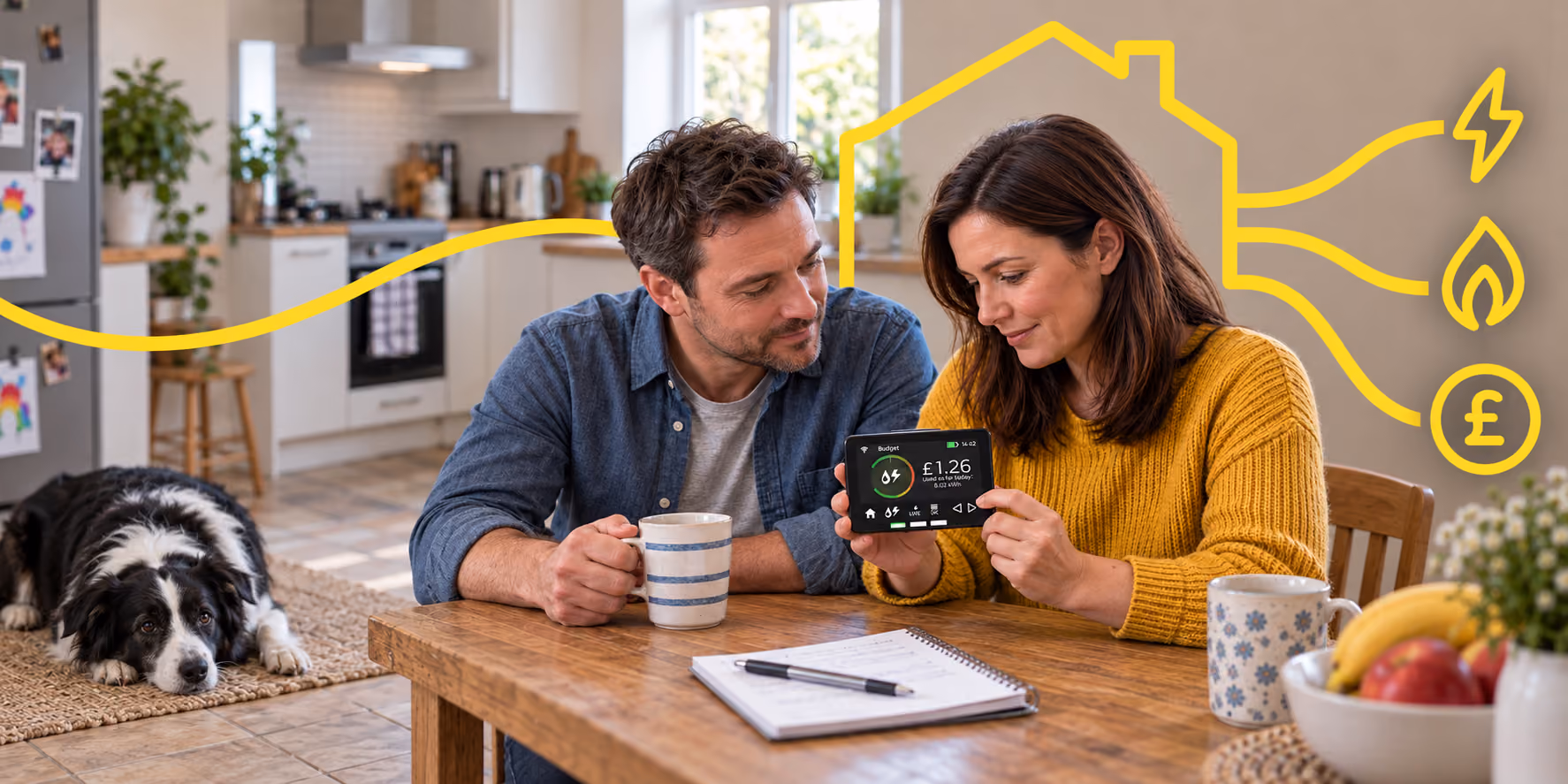 An image of a couple checking their energy spend on their smart meter having saved using Tenant Help Service's comparison service.