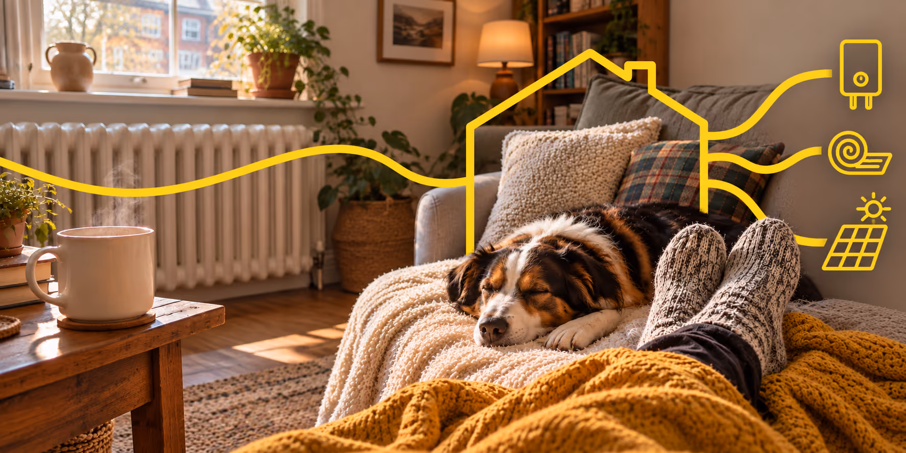 An image of a cute collie dog and it's owner relaxing in their energy efficient home after claiming upgrades through Government backed schemes.