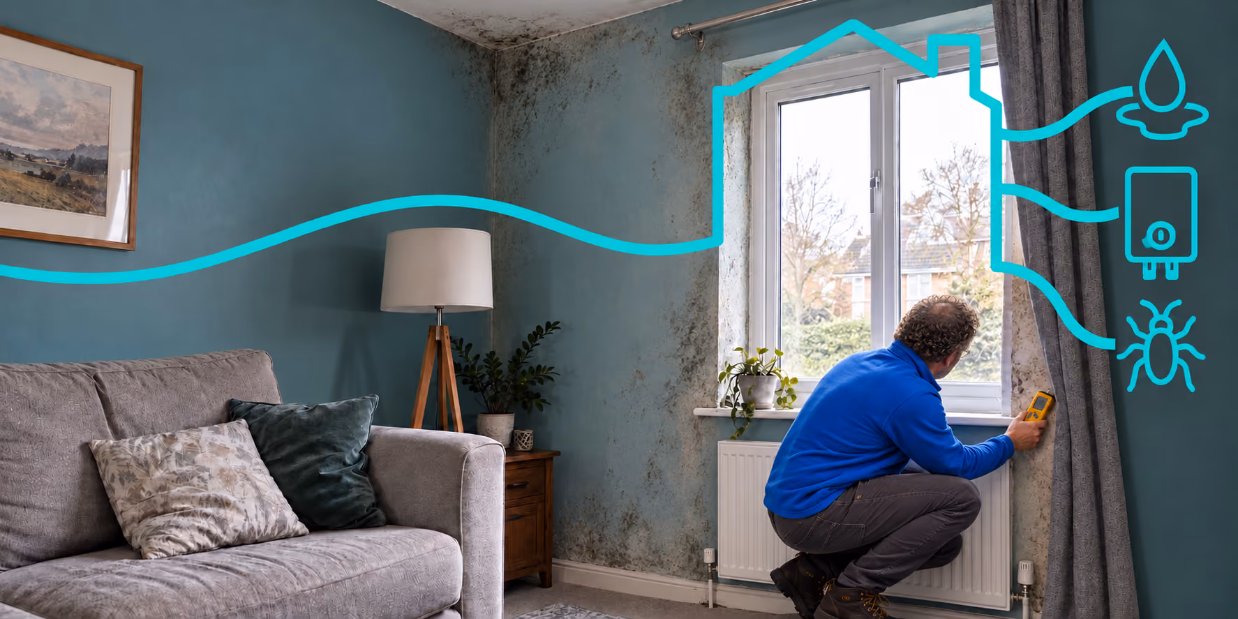 The hero image for the housing disrepair page which has an assessor taking damp readings during a housing disrepair assessment.