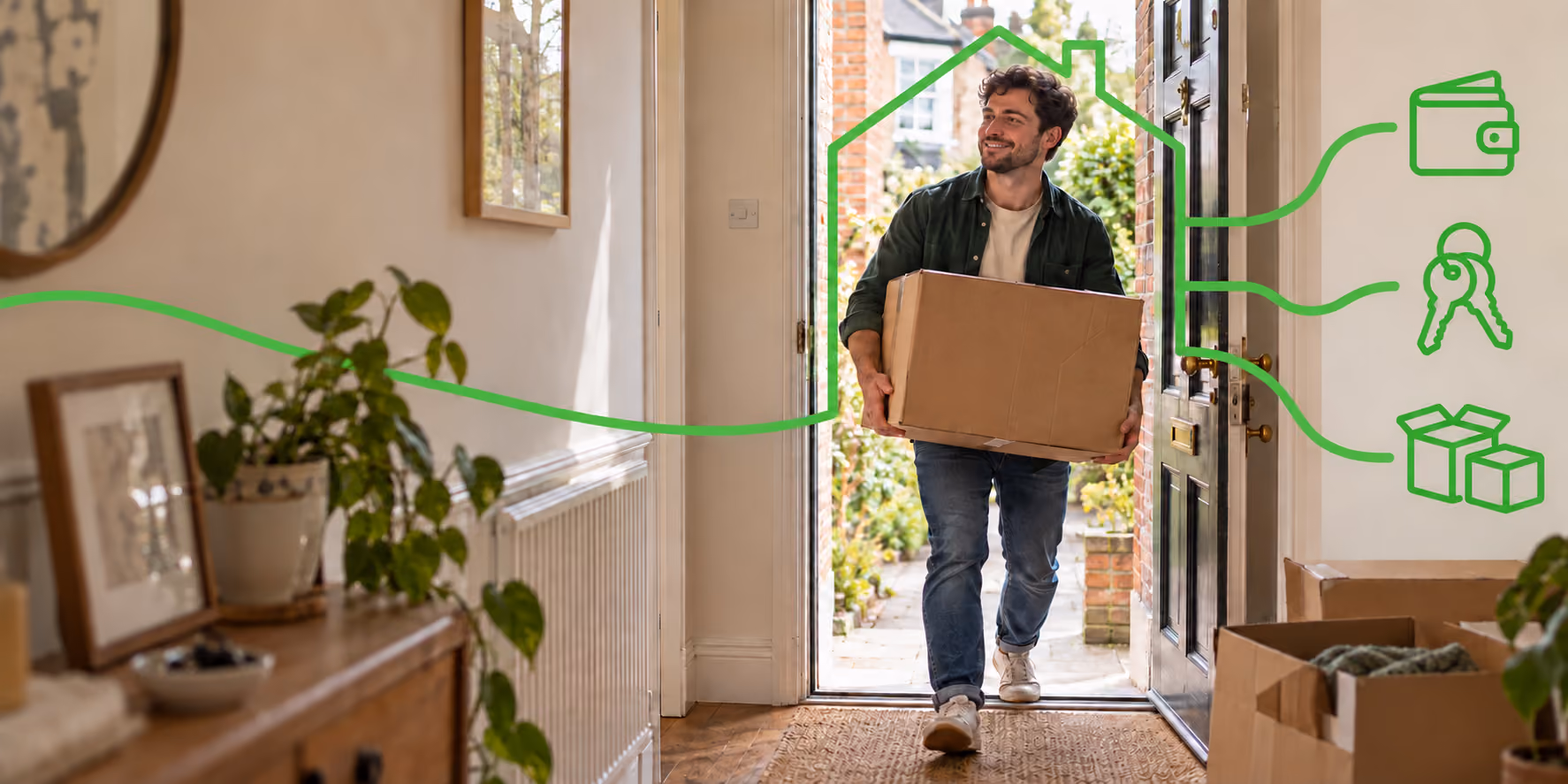 An image of a chap carrying his box over the threshold into his new rented property. This wouldn't have been achievable unless he'd signed up to a zero-deposit scheme.