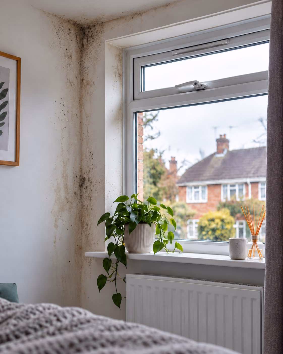 Damp and mould around a window in a tenant's home