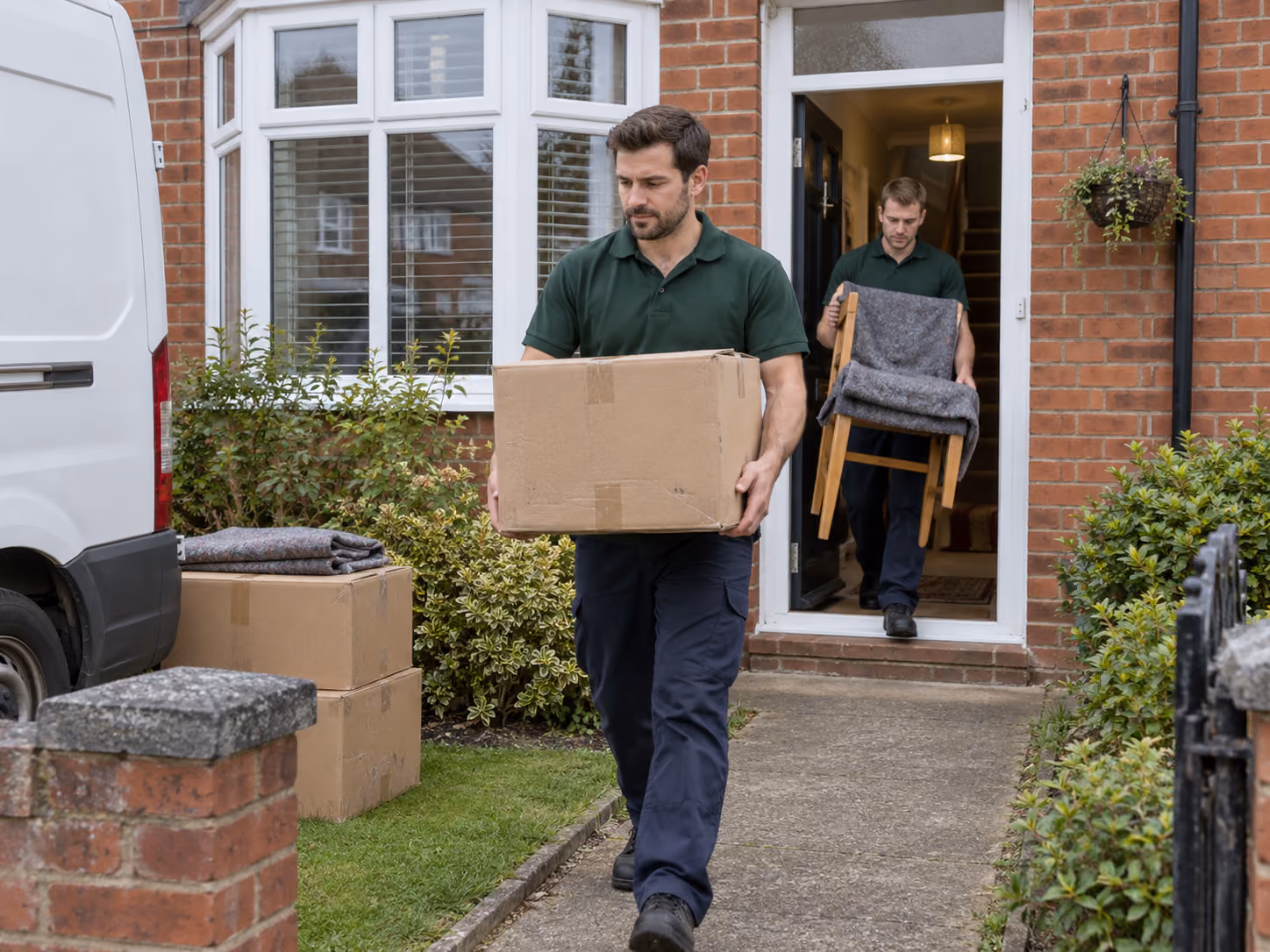 Removal team moving belongings out of a UK home