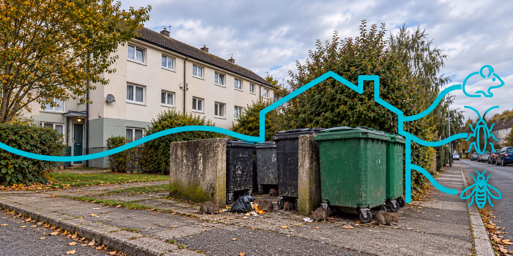 An image of rodents occupying a set of bins in a street with flats in the background. Environmental protection support could help tenants within the block.